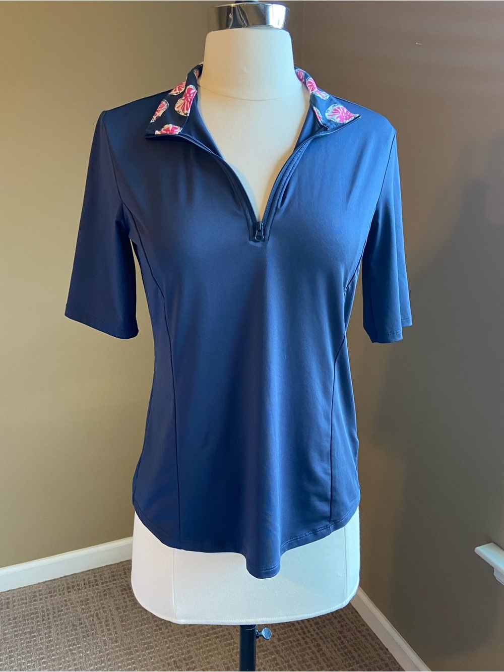 Tommy Bahama Golf Navy‎ Zip Polo Top with Floral Trim- Small, Summer, Athletic